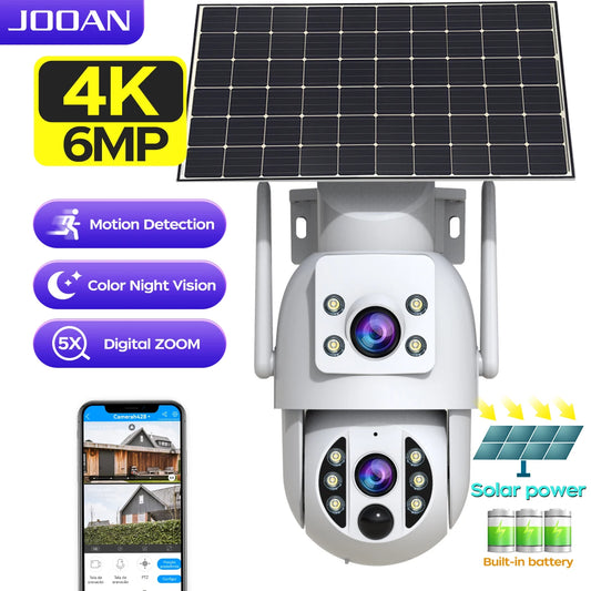 Cámara de seguridad solar JOOAN 4K, inalámbrica, para exteriores, con doble lente, IP, PIR, visión nocturna a color, seguimiento automático, batería, CCTV