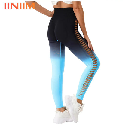 Womens Hip Tight Yoga Pants High Waist Side Hollowed-Out Mesh Design Exercise Yoga Leggings Running Gym Fitness