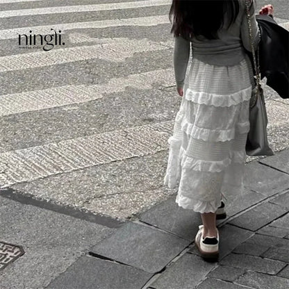 Ropa para niñas, faldas para niños, primavera, encaje, vestido de capas, falda larga informal blanca para niñas pequeñas, ropa de moda para niños de 2 a 8 años