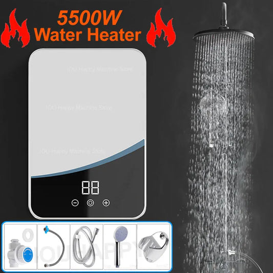 Calentador de agua instantáneo de 5500 W, calentador eléctrico para grifo, calentador de agua sin tanque para ducha, calentador de agua eléctrico de pared para baño con indicador de temperatura