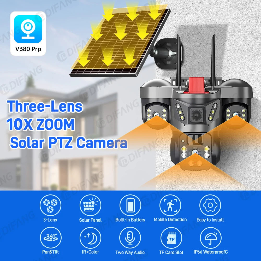 Cámara de vigilancia solar 8K 15MP con tres pantallas, WiFi, seguimiento automático, PTZ, tarjeta SIM 4G, cámara IP solar inalámbrica V380 Pro