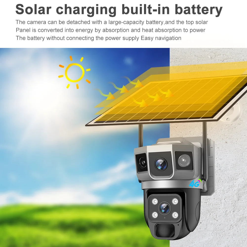 Cámara solar de 12 MP, tarjeta SIM 4G, doble lente, tres cámaras con pantalla, seguimiento humano PIR, batería de bajo consumo, protección de seguridad CCTV V380