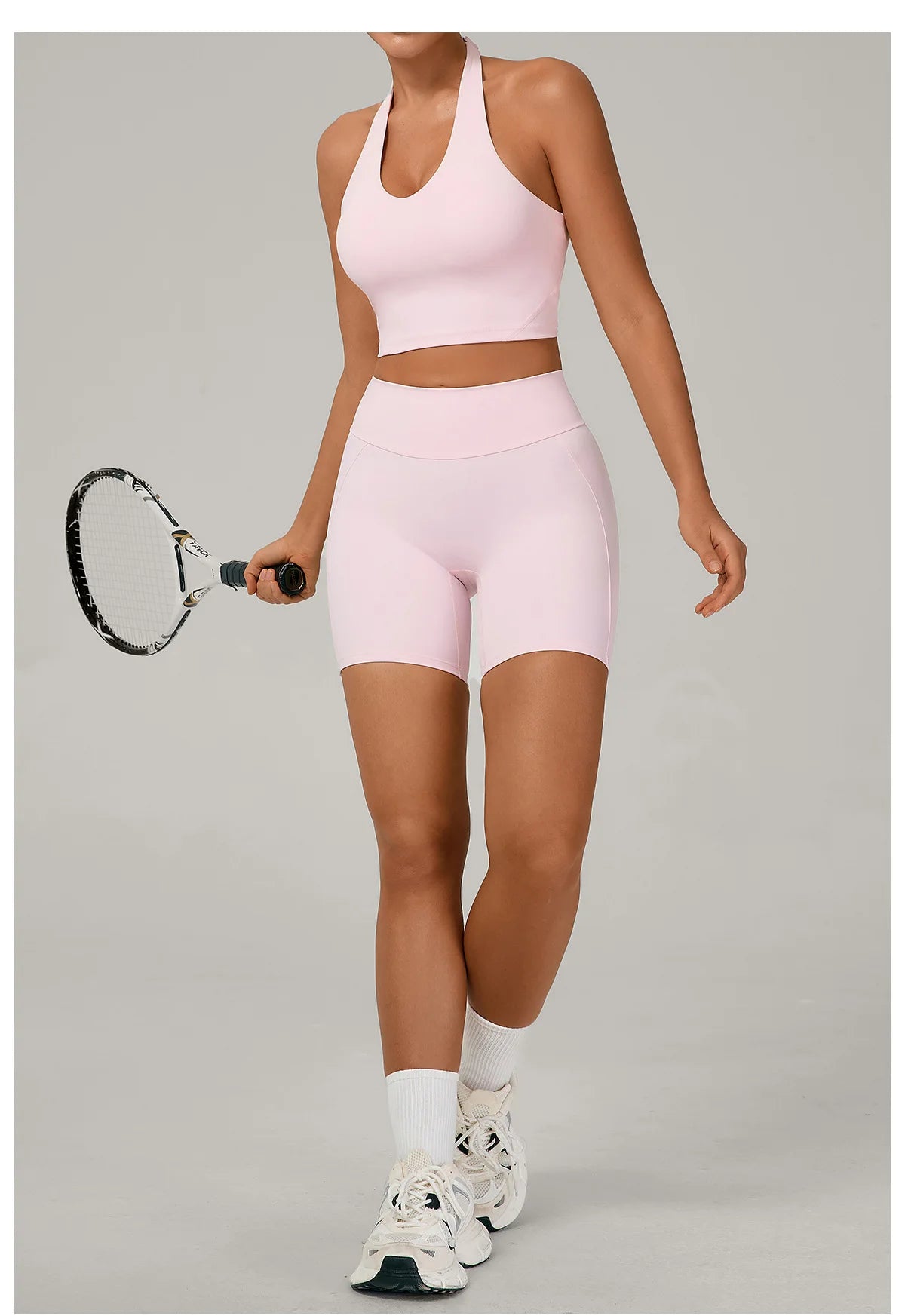 Ctenkevet - Conjunto de 2 piezas de sujetador halter sin espalda para mujer, ropa deportiva de secado rápido para gimnasio, conjunto deportivo femenino de dos piezas con pantalones cortos