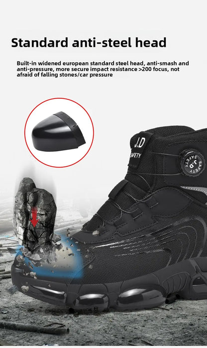 Zapatos de seguridad de caña alta para hombre con botón giratorio, resistentes a impactos y perforaciones, zapatillas de moda para hombre, calzado de seguridad profesional.