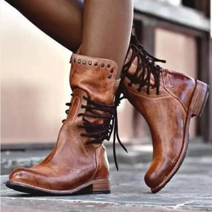 Botas de media caña con remaches para mujer, botines de caballero a la moda, estilo británico, para otoño e invierno, con cordones cruzados, de PU