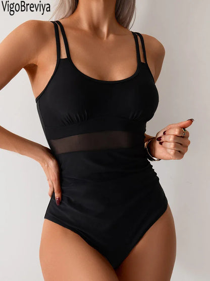VigoBreviya 2025 Traje de baño de una pieza con tirantes huecos para mujer Traje de baño de malla de retazos Monokini sin espalda Traje de baño para mujer