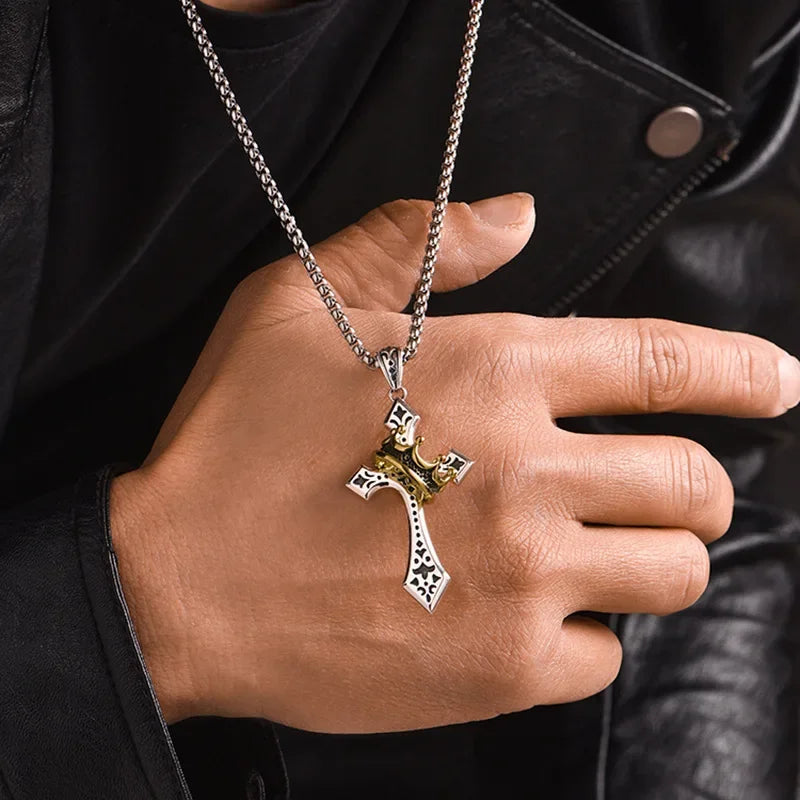 Collar con colgante de cruz y corona punk para hombre, estilo retro hip hop, de cobre, para parejas, cadena de suéter, accesorios de joyería, regalo festivo.