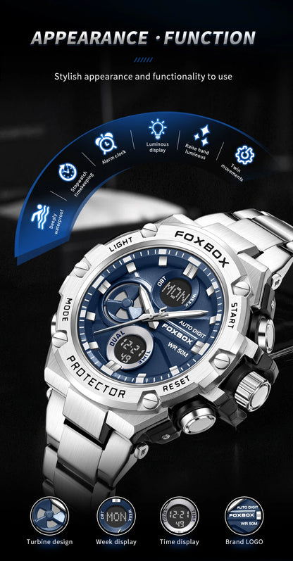 FOXBOX Relojes deportivos de lujo para hombre, reloj de pulsera de cuarzo de lujo, acero, resistente al agua, doble pantalla, relojes militares para hombre, reloj hommes