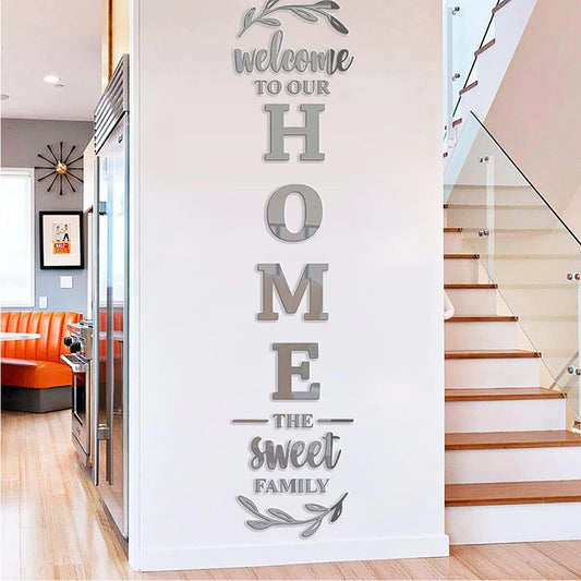 Pegatina de pared con espejo 3D con logotipo familiar para el hogar, decoración de entrada, sala de estar, dormitorio, fondo de pared, bricolaje