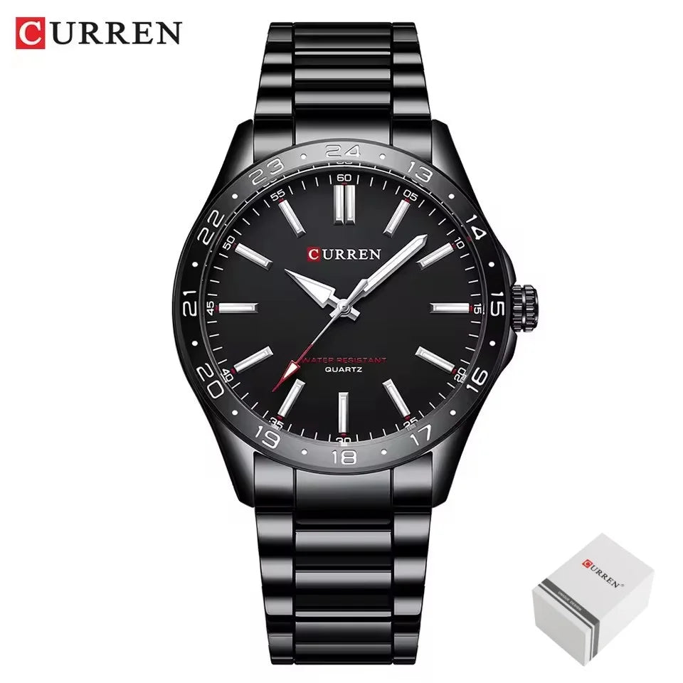 CURREN 8452 Reloj de cuarzo para hombre, sencillo, moderno, para ocio y negocios, con correa de acero inoxidable negra y plateada.