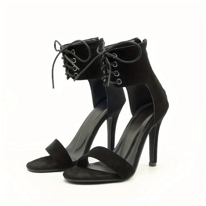 Sandalias sexis de punta abierta con encaje y cruz hueca para mujer, zapatos romanos con cremallera lateral, tacones altos finos, nuevos y modernos zapatos de diseñador.