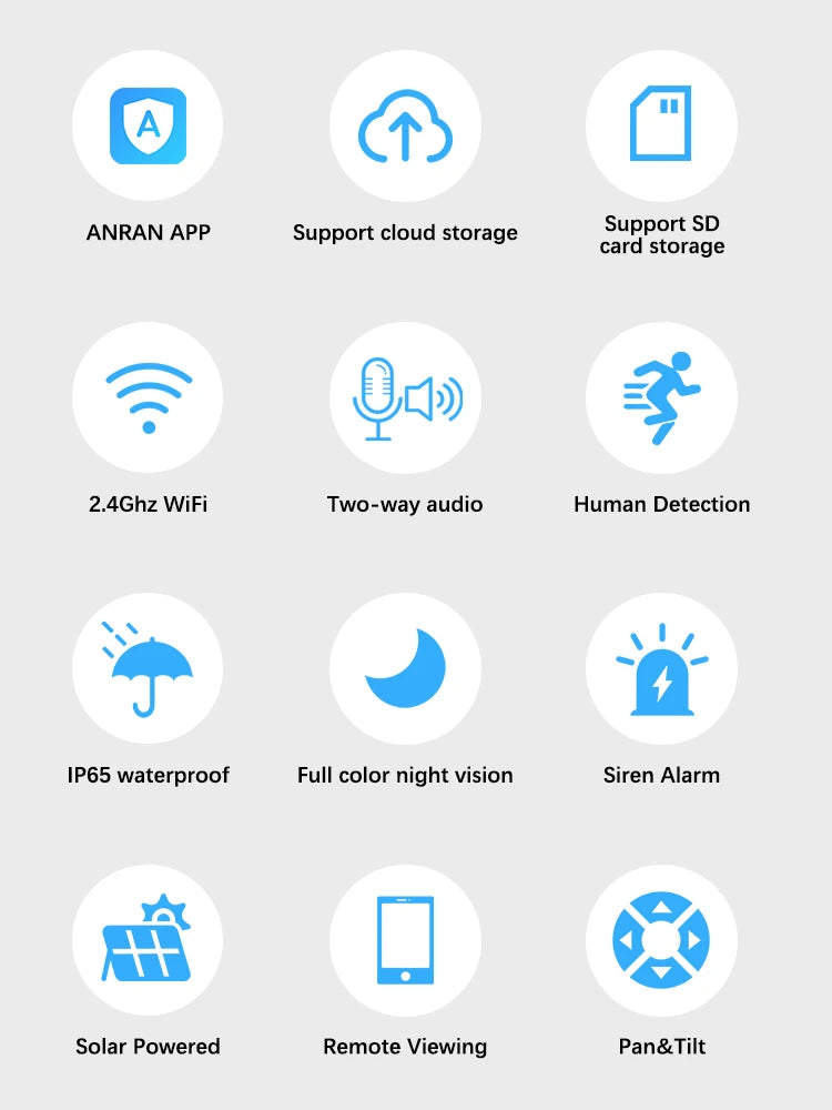 Cámara de seguridad inalámbrica solar ANRAN de 3 MP para exteriores con WiFi, audio bidireccional, resistente al agua IP66, visualización remota, flash y foco.