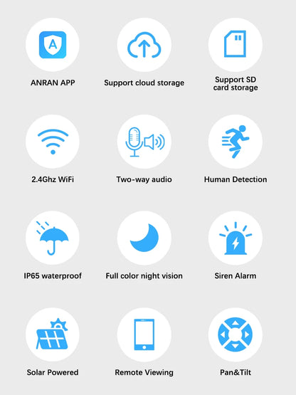 Cámara de seguridad inalámbrica solar ANRAN de 3 MP para exteriores con WiFi, audio bidireccional, resistente al agua IP66, visualización remota, flash y foco.