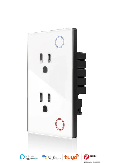 Enchufe inteligente de pared Melery Tuya Zigbee con monitorización eléctrica (EE. UU.), panel de cristal, temporizador y control remoto mediante aplicación (Google Home, Alexa).