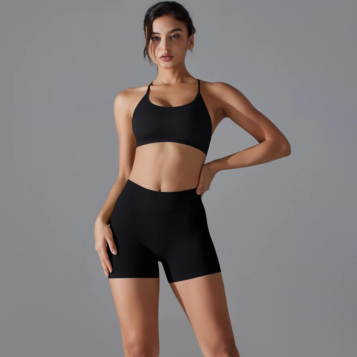 Conjunto deportivo de yoga, mallas de gimnasio de secado rápido, tirantes cruzados con absorción de impactos, pantalones cortos de ciclismo para mujer, entrenamiento de yoga.