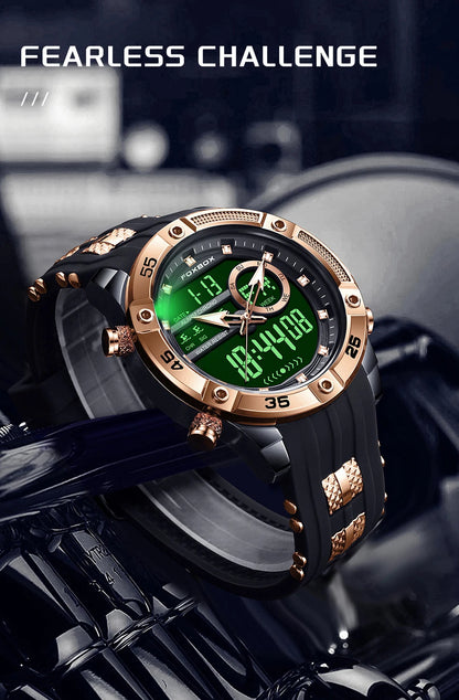 Reloj de pulsera de cuarzo de lujo FOXBOX para hombre, deportivo, impermeable, con doble pantalla, LED digital militar, de acero, para negocios + caja.