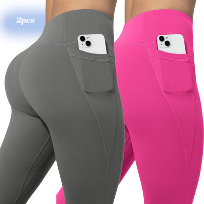 Leggings de yoga para mujer, 2 unidades, con bolsillos, color liso, para gimnasio, actividades al aire libre, cintura alta, ajustados, pantalones deportivos para correr.