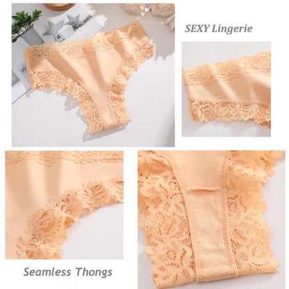 Conjunto de 4 bragas de algodón para mujer, lencería sexy brasileña sin costuras con encaje floral, de tiro bajo, transpirables
