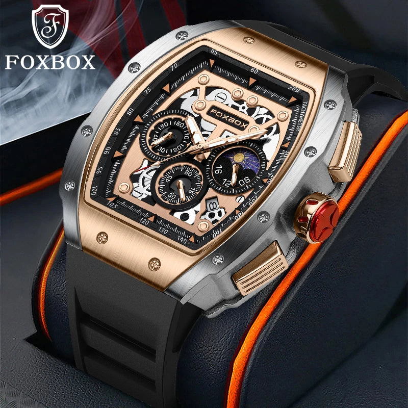 Reloj de moda marca Foxbox para hombre, de lujo, deportivo, de silicona, de cuarzo, resistente al agua, cronógrafo, de pulsera