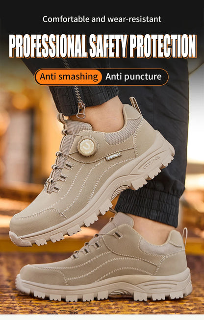 Calzado de seguridad para hombre con diseño de botones, puntera de acero, resistente a la compresión y suela antideslizante para trabajo en exteriores y talleres.