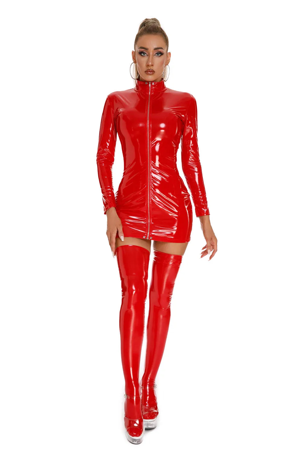 Women Sexy PVC Leather Dress with Stockings Gloves Shiny Latex Bag Hip Skirt Breast Exposing Porno Mini Dress