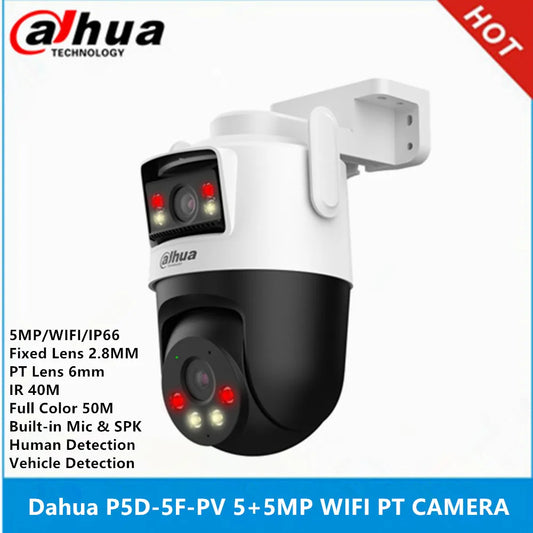 Cámara Dahua P5D-5F-PV de 5+5 MP con doble lente de 2,8 mm + 6 mm, infrarrojos de 40 m y color de 50 m, IP66, micrófono y altavoz integrados, detección humana, movimiento horizontal y vertical, Wi-Fi.