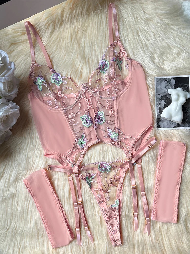 Conjunto de lencería erótica Hot Heart Corset para mujer, de malla transparente con vendajes cruzados y diseño calado, incluye muñequera.