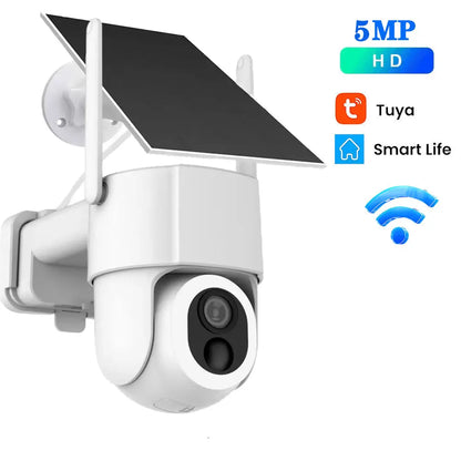Cámara de seguridad WiFi solar Tuya para exteriores, inalámbrica, 5MP, batería de bajo consumo, cámara PTZ, detección de movimiento PIR, videovigilancia CCTV