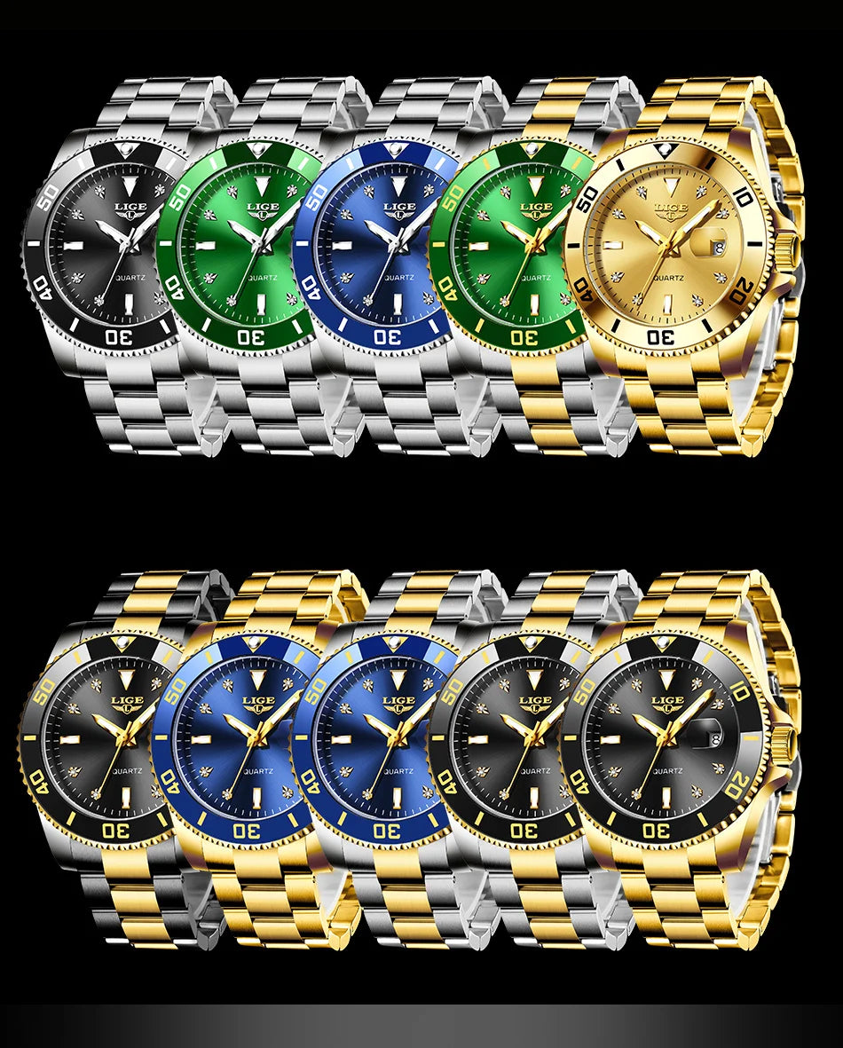 Relojes de moda LIGE para hombre, de lujo, luminosos, con calendario, para negocios, resistentes al agua, cronógrafo, de acero inoxidable, de cuarzo.