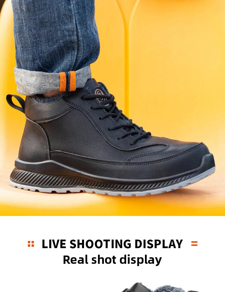 Calzado de seguridad de felpa para trabajos de invierno, resistente a impactos y perforaciones, fabricado en piel sintética de microfibra y algodón.