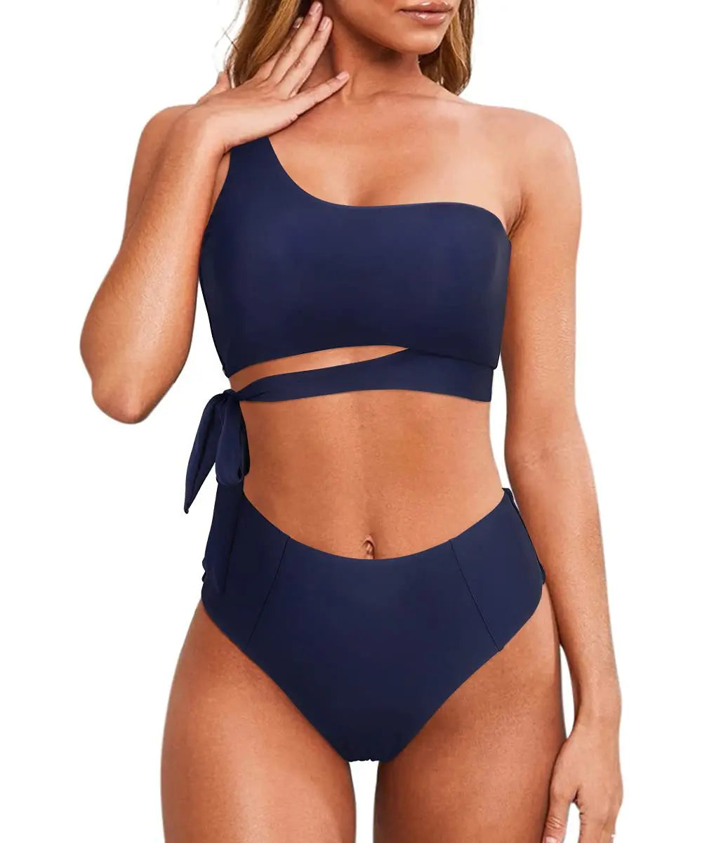 Bikini de un solo hombro para mujer, traje de baño dividido, color liso, traje de baño de playa de verano, traje de baño para mujer