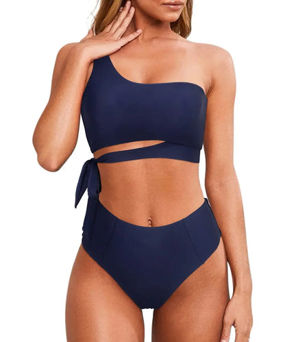 Bikini de un solo hombro para mujer, traje de baño dividido, color liso, traje de baño de playa de verano, traje de baño para mujer