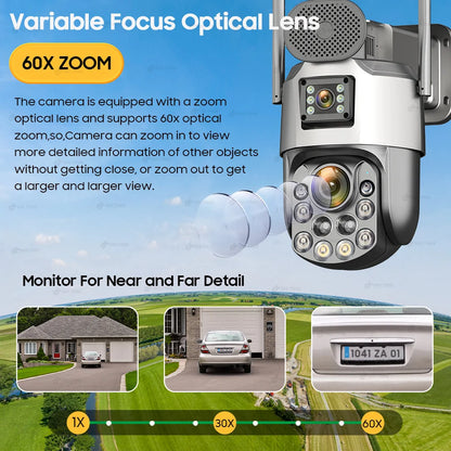 Cámara de seguridad exterior solar 4K con SIM 4G, 2 lentes/pantalla, zoom óptico 60x, seguimiento automático, PTZ 360°, videovigilancia doméstica IP.