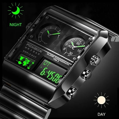 LIGE - Nuevo reloj para hombre, cuadrado, luminoso, deportivo, correa de acero inoxidable, doble pantalla, reloj de pulsera de cuarzo, reloj militar resistente al agua