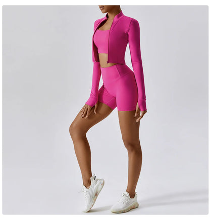 Conjunto de yoga de 3 piezas para mujer, conjuntos de entrenamiento, ropa deportiva para gimnasio, ropa deportiva con cremallera, leggings de manga larga y cintura alta, trajes deportivos, traje de yoga