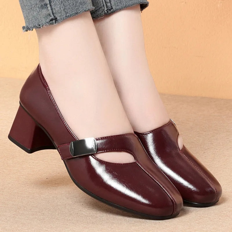 Zapatos Mary Jane vintage de 5 cm, transpirables, cómodos, de boca baja, de piel suave, para mujer, primavera 2025, tacones de bloque medianos para oficina, mamá