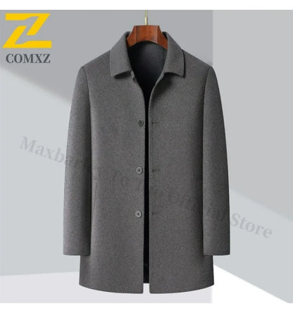 2025 Winter Men Wool Blend Overcoat Mid Length Double Faced Thick Warm Coat Detachable Goose Down Inner Premium TrenchCoat