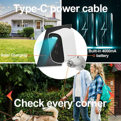 Cámara solar inalámbrica de 4 MP con sensor de movimiento, cámara IP WiFi HD 1440P, cámara de vigilancia CCTV con energía solar para exteriores