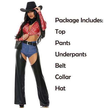 2025 New Arrival Red Black Ladies Ride Em Wild West Dess Up For Halloween Saddle Up Sexy Cowgirl Costume