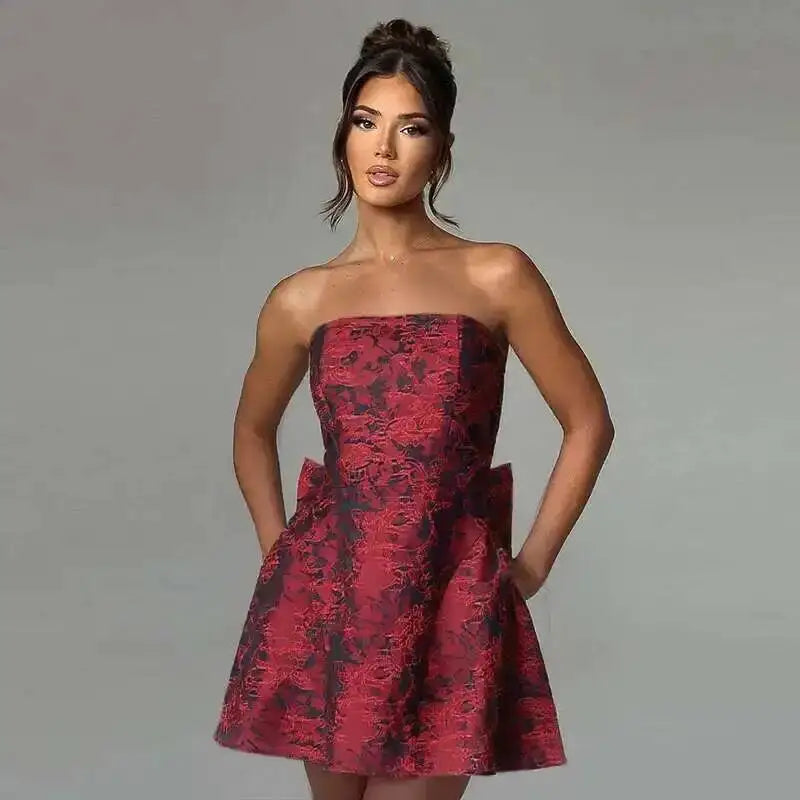 Townlike Jacquard Waist Wrap A-line Dress Women Mini 2024 Spring Summer Dress Elegant Bow Backless Sexy Party Dresses