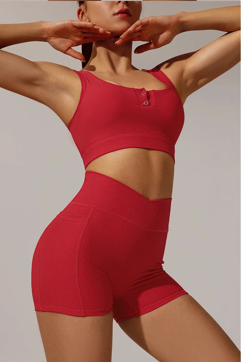 Conjunto de yoga y fitness para mujer, sujetador deportivo con cintura cruzada, mallas y pantalones cortos, ropa deportiva para mujer, conjuntos de entrenamiento, ropa para correr, fitness y gimnasio.