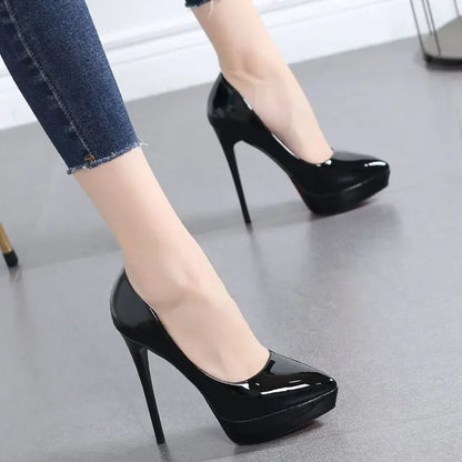 Tacones altos impermeables para mujer, sexys, color nude, plataforma fina de 12 cm, elegantes, versátiles, de punta puntiaguda, para mujer, boca baja S
