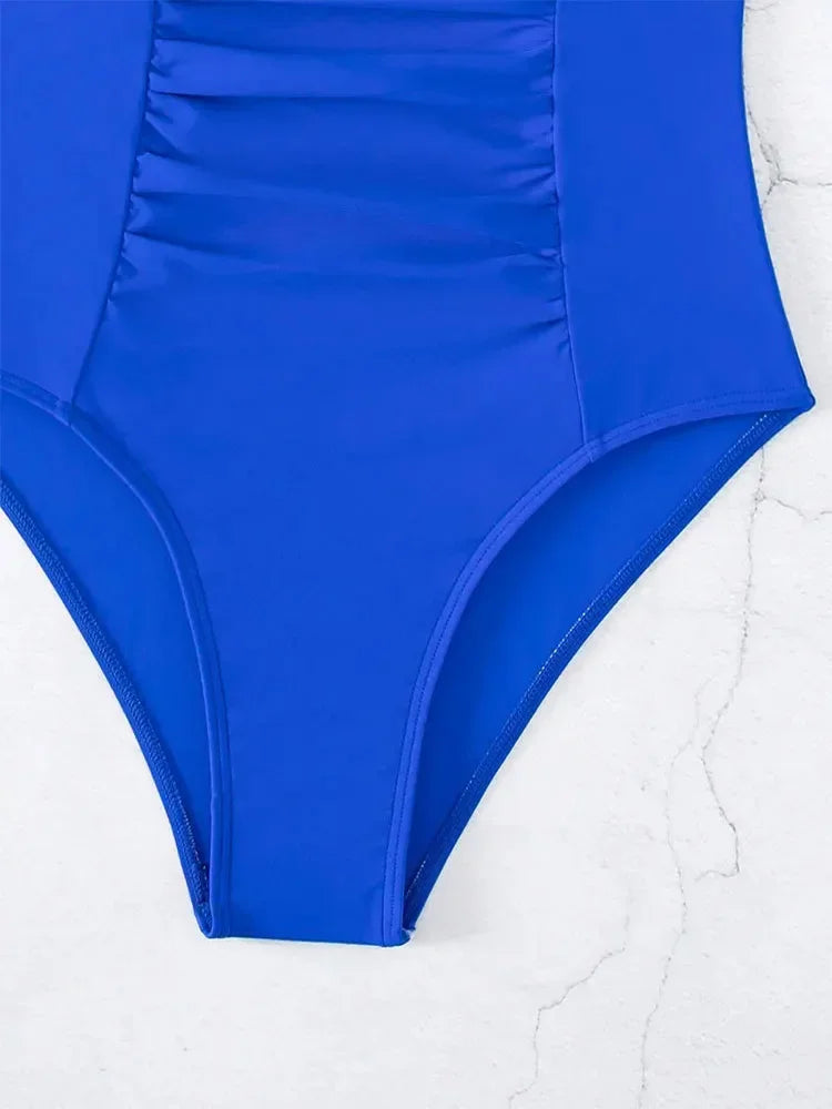 Trajes de baño plisados ​​con cuello en V 2025 para mujer, traje de baño de una pieza para mujer, traje de baño de corte alto, traje de baño ajustado para playa.