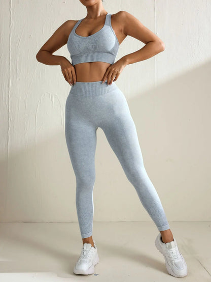 Conjunto de yoga sin costuras con lavado ácido de 2 piezas para mujer, ropa deportiva para gimnasio, leggings, conjunto deportivo para entrenamiento, espalda en V, traje de fitness Teveo para mujer