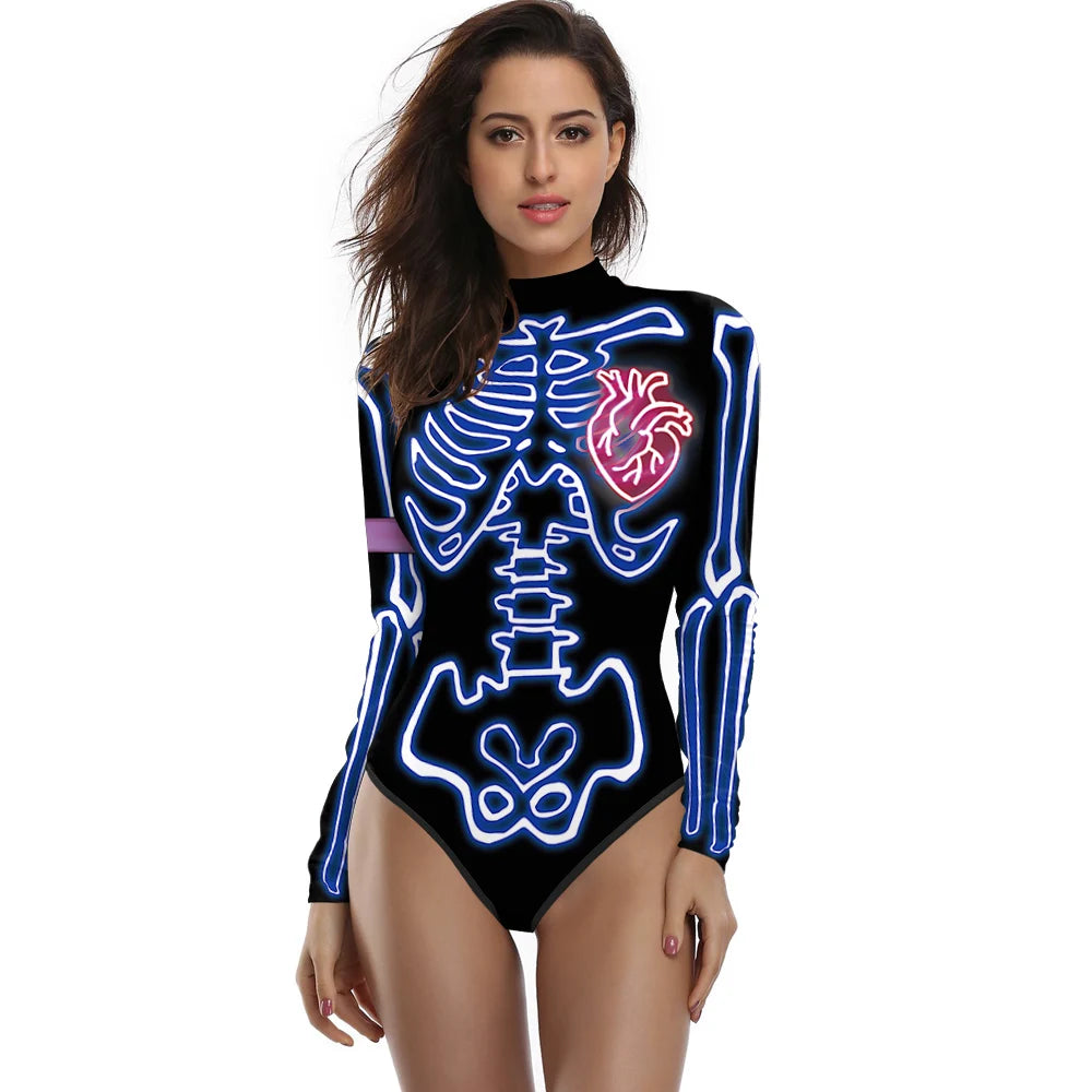 [You're My Secret] Halloween Costume Cosplay Skeleton Print Zenti Bodysuits Carnival Party Jumpsuit Outfit Women Day of The Dead