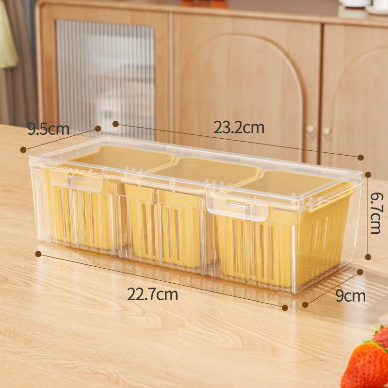 Cajas de almacenamiento para refrigerador de 3 rejillas, organizador para ajo, cebolla y pimiento, escurridor de frutas y verduras, recipientes sellados para cocina.