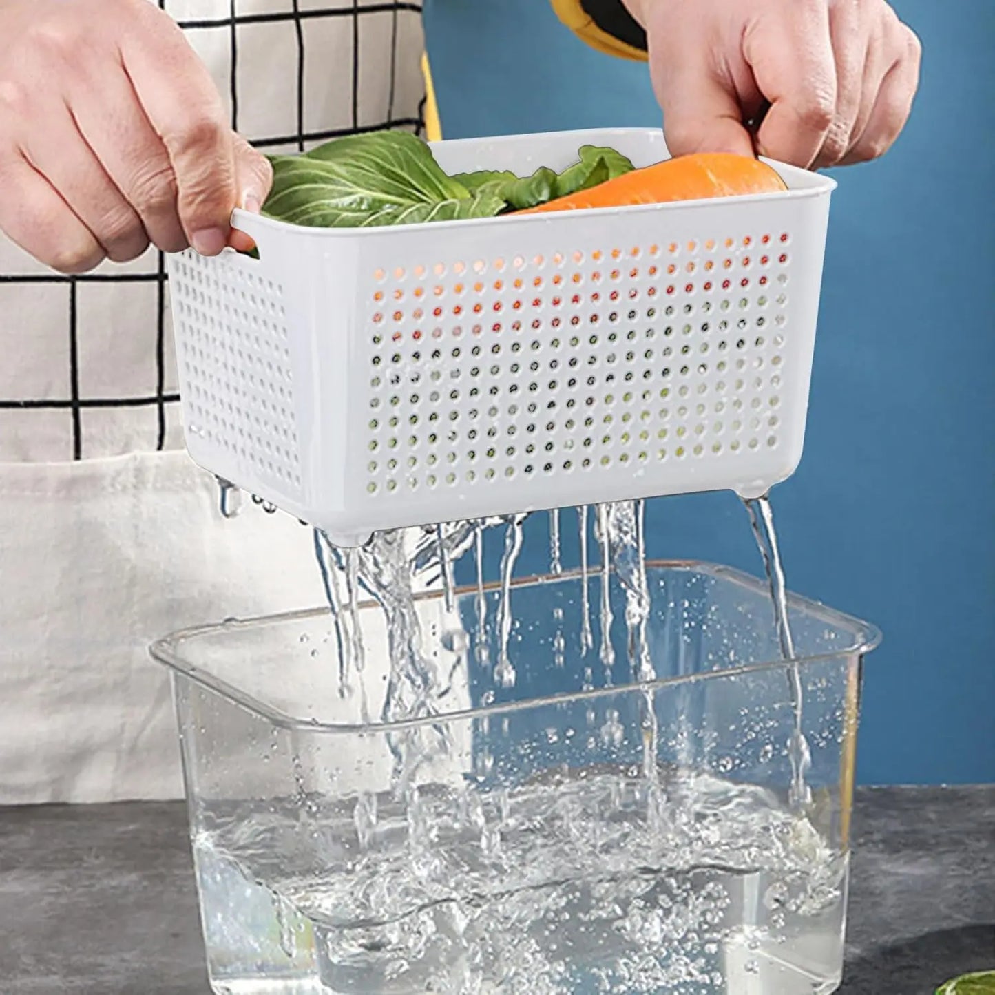 Juego de contenedores de almacenamiento de alimentos para refrigerador con tapas y colador, organizador de plástico para productos frescos, verduras, frutas y carne.