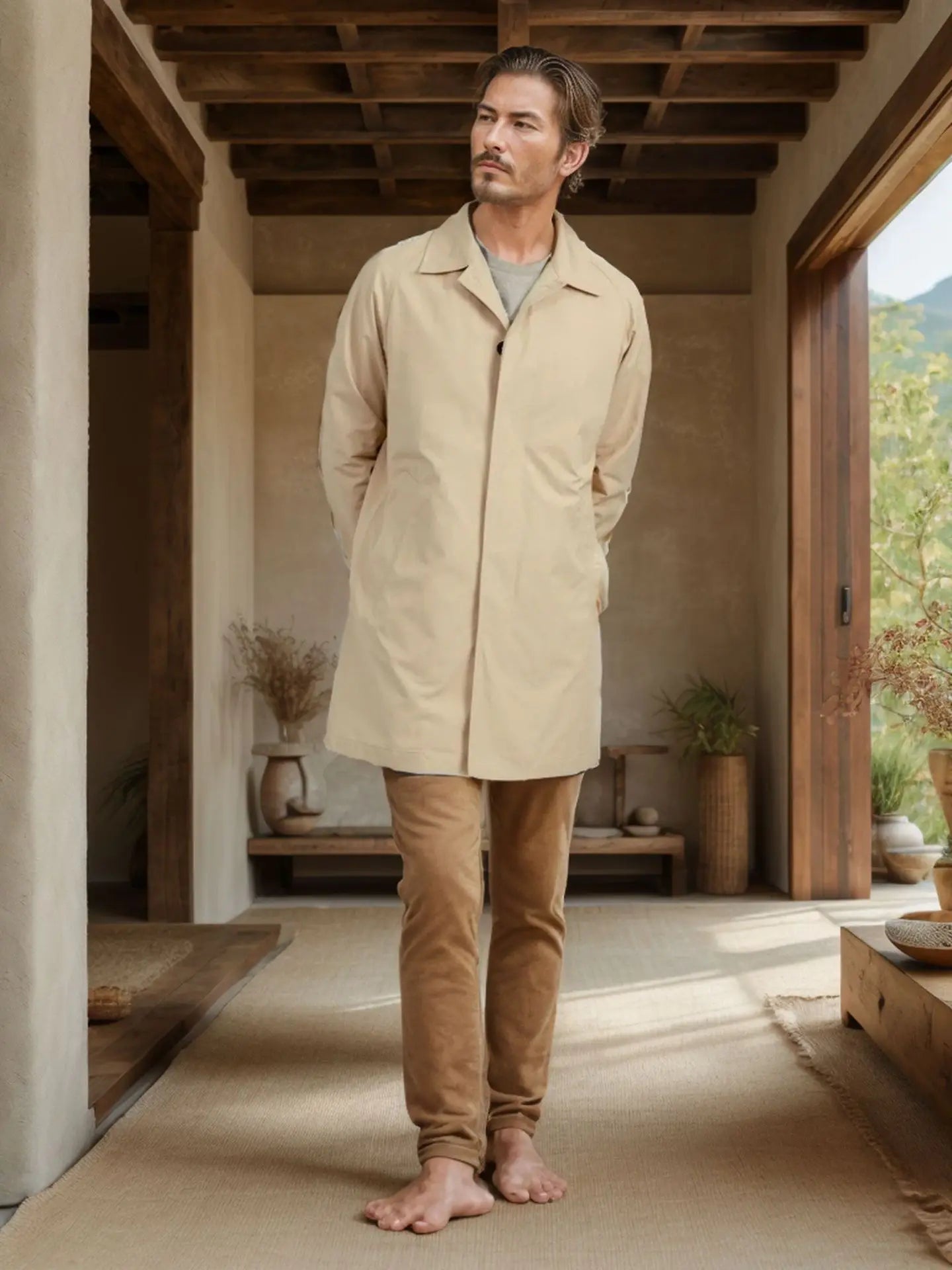 Chaqueta informal para hombre, otoño 2024, gabardina larga, color liso, solapa, corte ajustado, cárdigan de un solo botón, estilo casual y elegante.