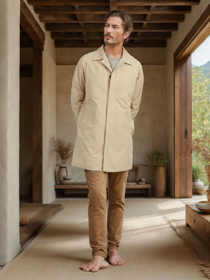 Chaqueta informal para hombre, otoño 2024, gabardina larga, color liso, solapa, corte ajustado, cárdigan de un solo botón, estilo casual y elegante.