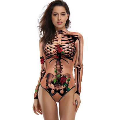 [You're My Secret] Halloween Costume Cosplay Skeleton Print Zenti Bodysuits Carnival Party Jumpsuit Outfit Women Day of The Dead